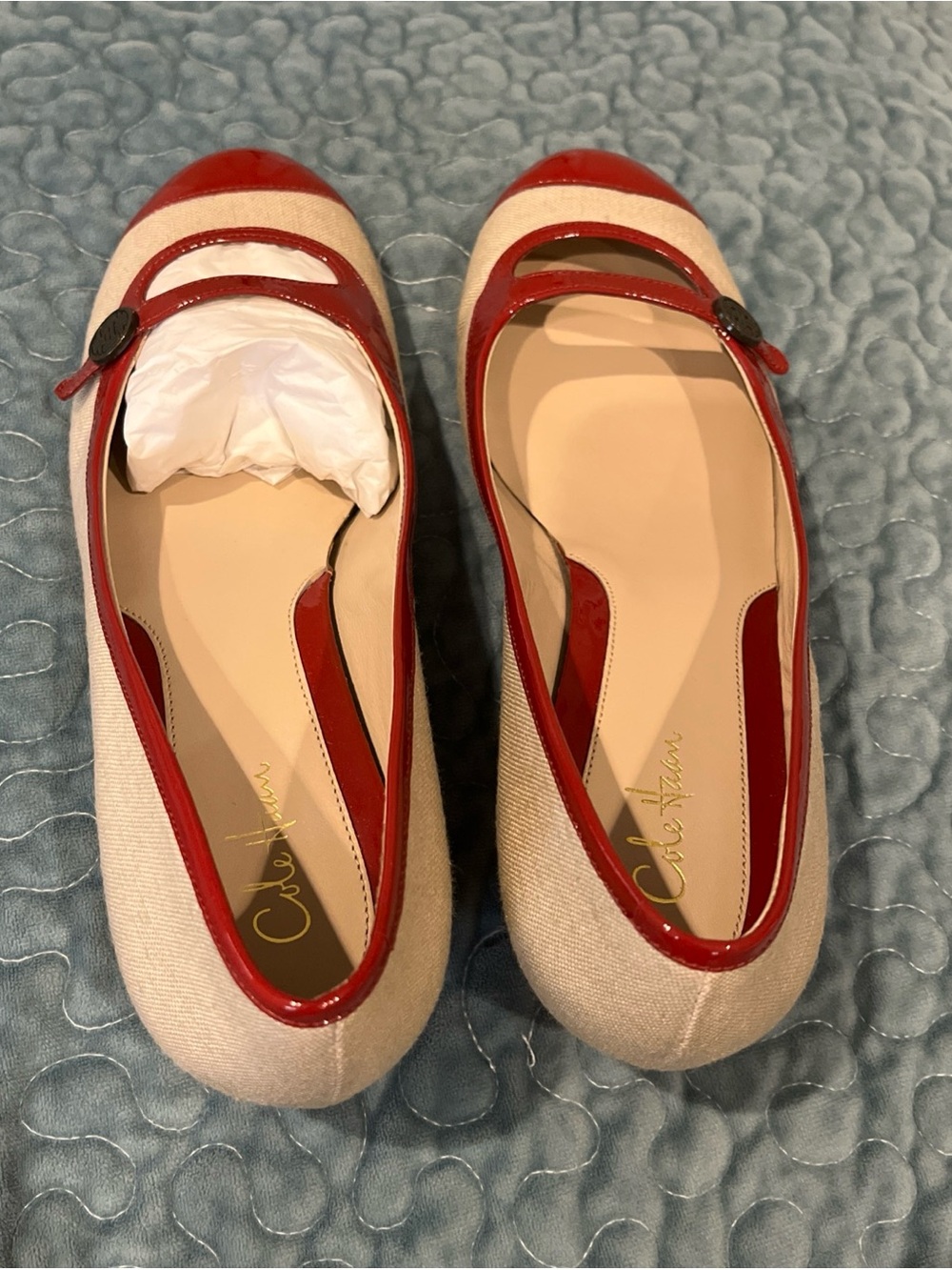 Cole Haan Red and Natural Canvas Mary Jane Flats - Picture 4 of 8